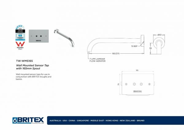 Wall Mounted Sensor Tap with 165mm Spout - Image 2